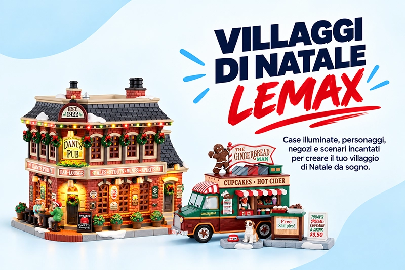 Villaggi di Natale Lemax: Case illuminate, personaggi, negozi e scenari incantati per creare il tuo villaggio di Natale da sogno.