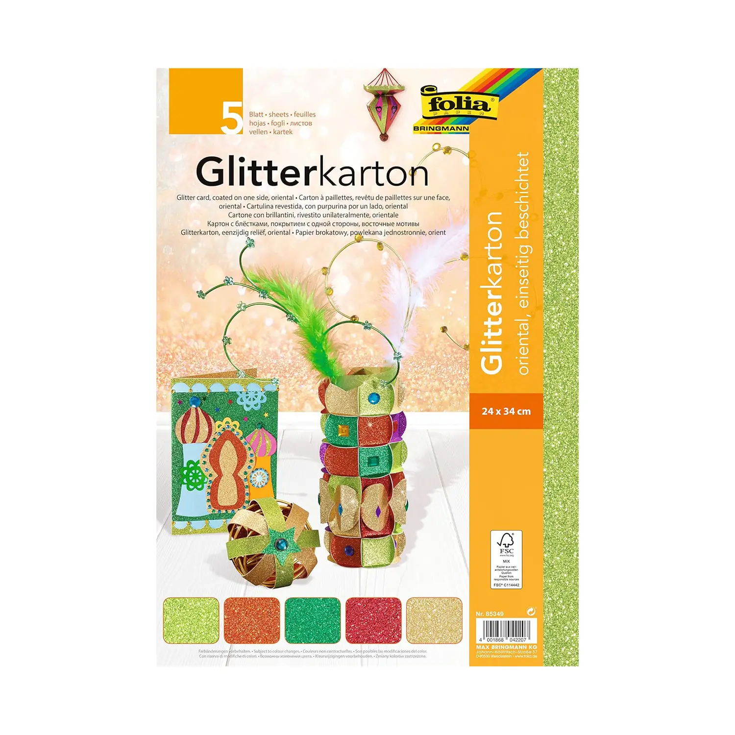 Cartoncino Glitterato Monofacciale 300 Gr - 5 Fogli Cm 24x34 - Carta e cartoncino