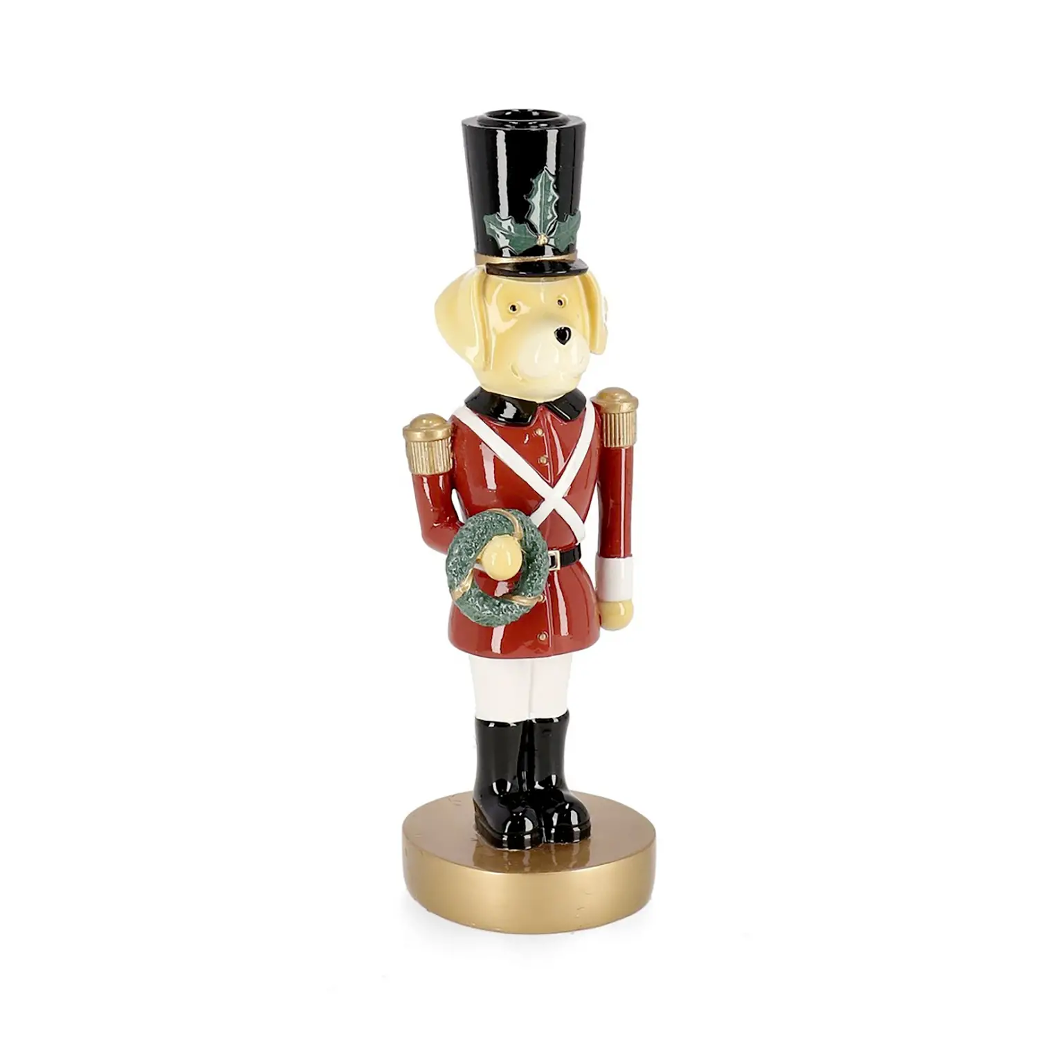 Soldatino Cane con Corona Natale Decorazione In Resina 25cm - schiaccianoci