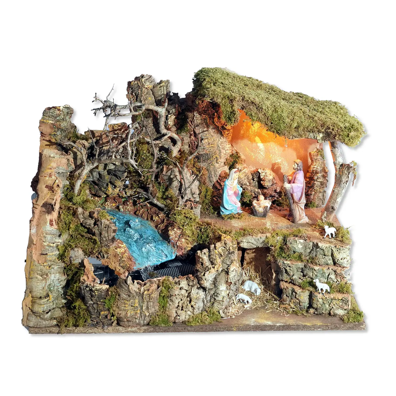 Capanna Presepe cm.50x26x 36 con Cascata Pompa, luce e Natività cm 10 - presepi