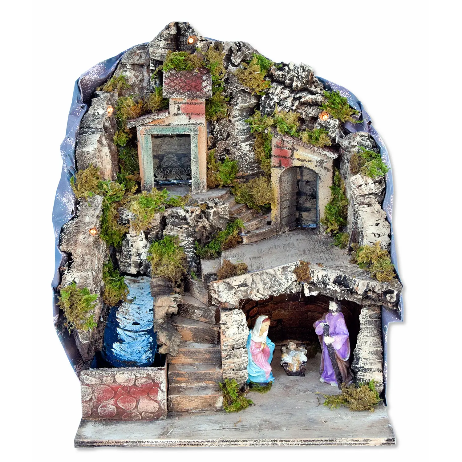 Presepe con Luci e Cascata Funzionante Natività H10 cm - presepi