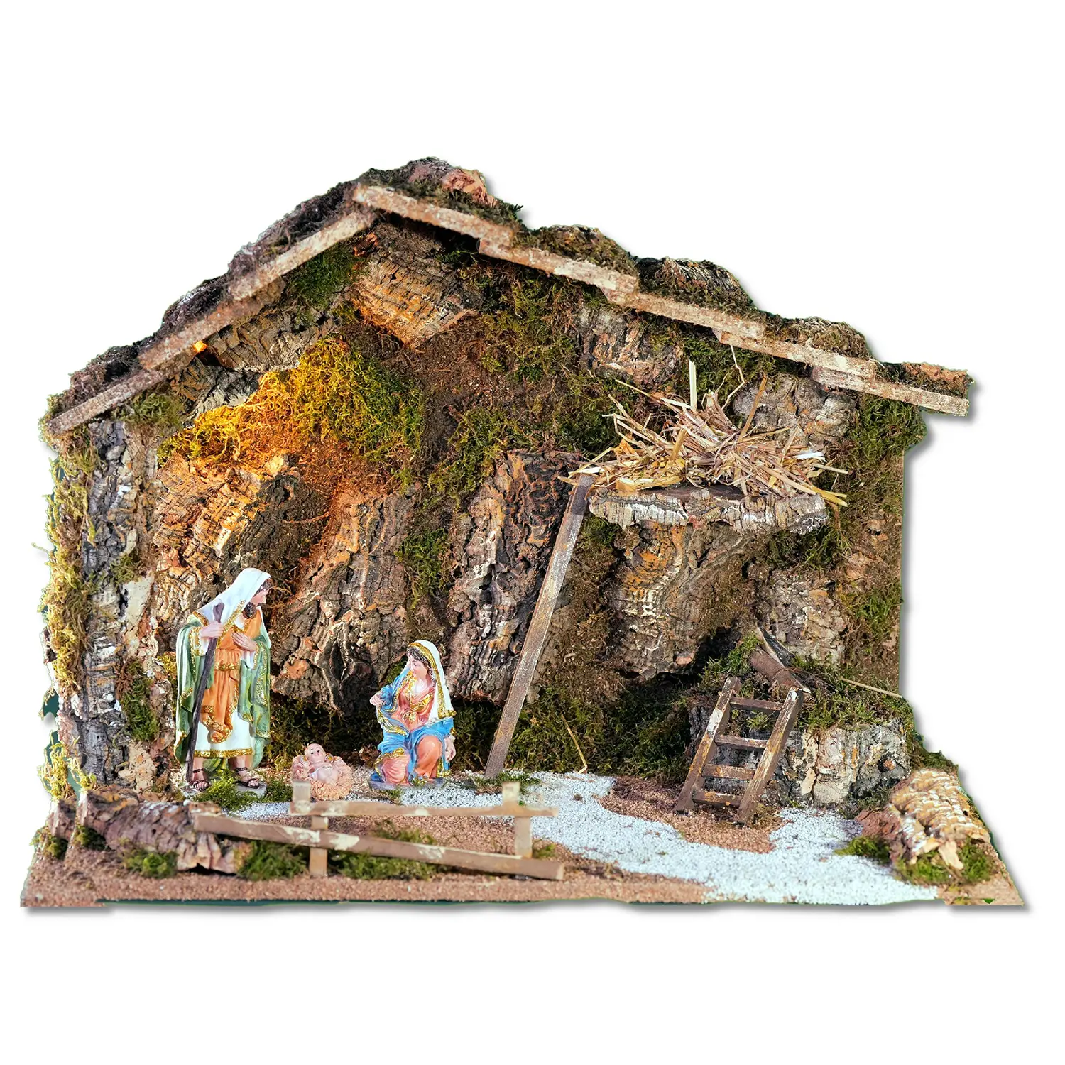 Capanna Presepe con Luce e Natività H16 cm 60x34x43 - presepi