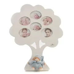 Porta Foto Albero Genealogico in Legno Bianco con Orso in Stoffa Celeste – 6 Foto