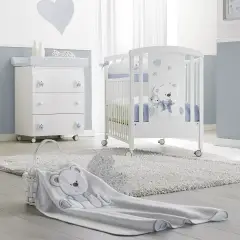 Lettino Tato Erbesi Bianco Celeste – Lettino Neonato con Cassettone e Spondine Mobili