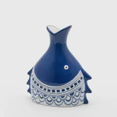Vaso Decorativo Pesce Testa In Ceramica Bianco E Blu